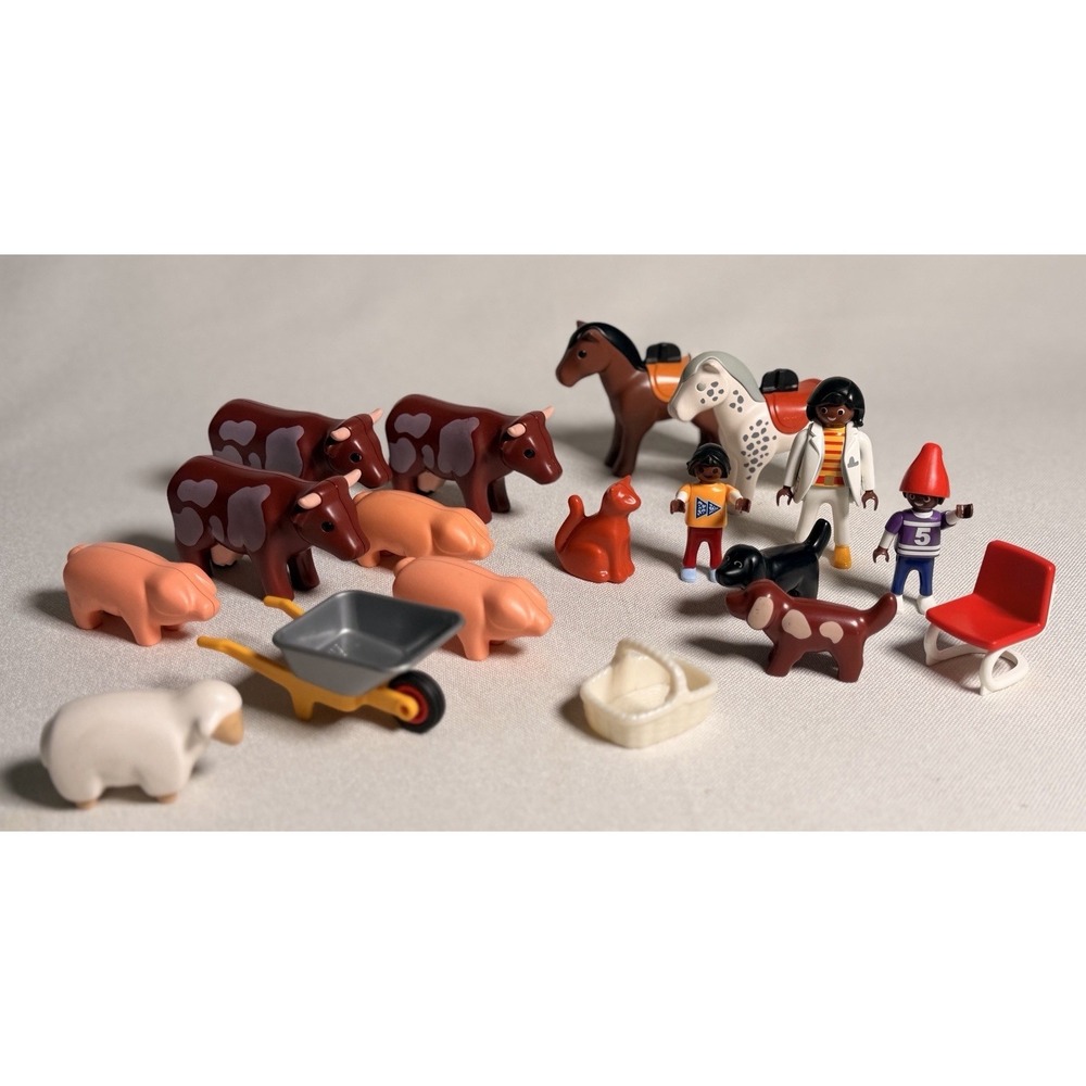 Vtg Lot Playmobil 123 Figures & Cows Pigs Horses Dogs Wheelbarrow Basket
